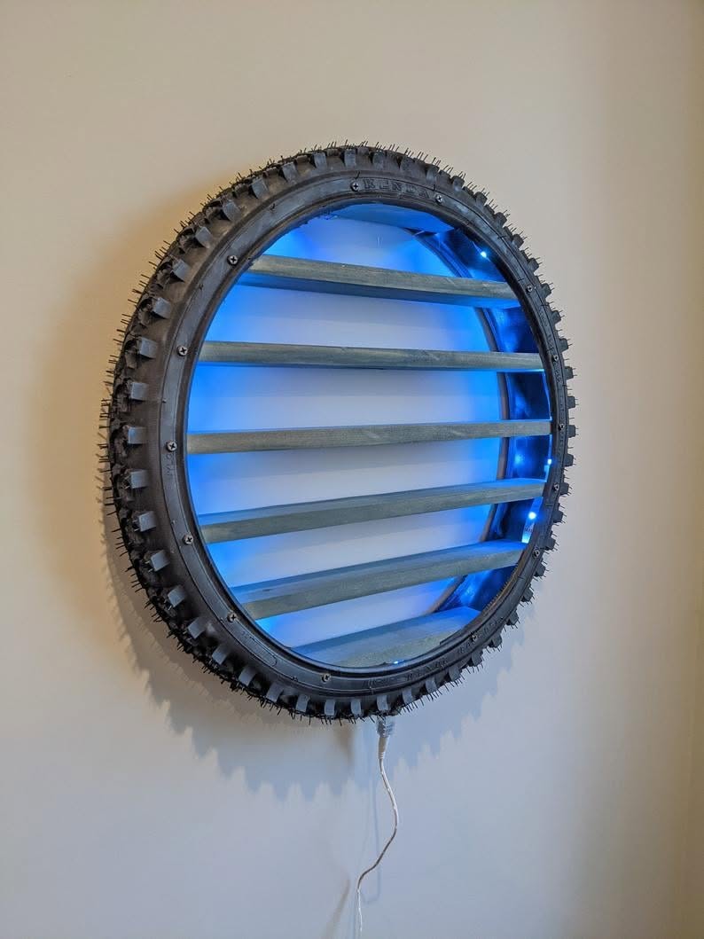 Tyre Garage Hotwheels display blue LED empty shelves side view