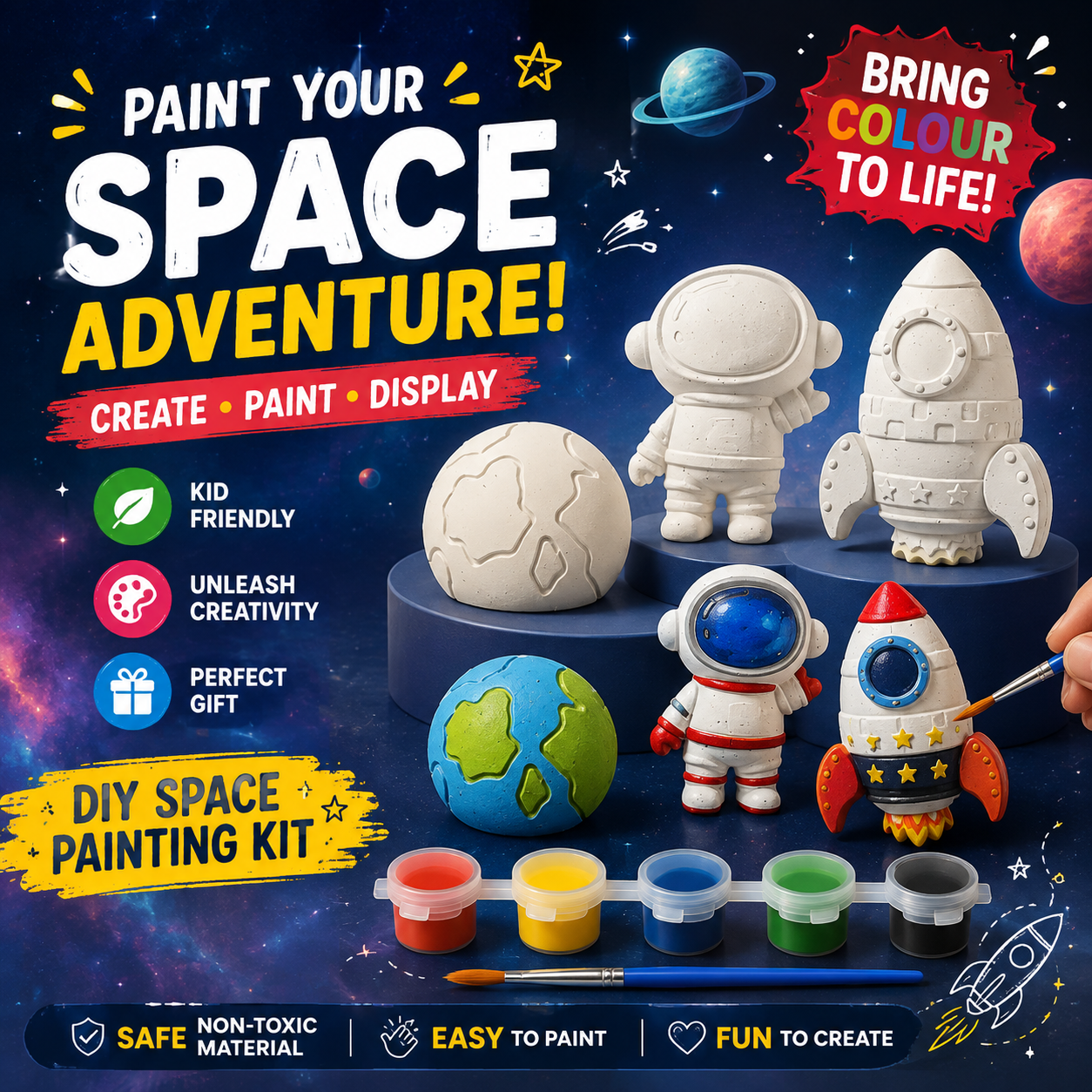 Painted plaster car and dino figures kids craft kit