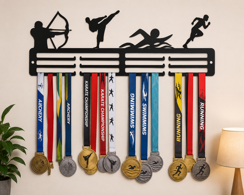 Acrylic medal hanger with sports medals displayed